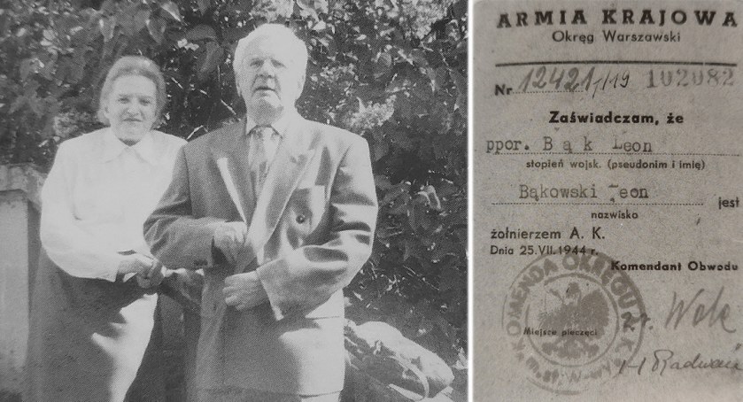 Hanna i Leon Bąkowscy na tarasie domu przy Misjonarskiej. Płock 1995 (po lewej), Legitymacja AK ppor. Leona Bąkowskiego ps. „Bąk” (po prawej)