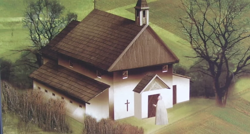 Zrekonstruowany wygląd Wieczernika z końca siedemnastego wieku. Do boków kościoła przylegają cele zakonu księży marianów
