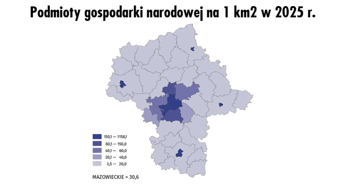 Liczba zarejestrowanych jednostek w przeliczeniu na 1 km2 była ponad 17-krotnie większa w regionie warszawskim stołecznym niż w mazowieckim regionalnym